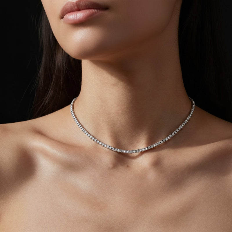 Model wearing round lab grown diamond tennis necklace