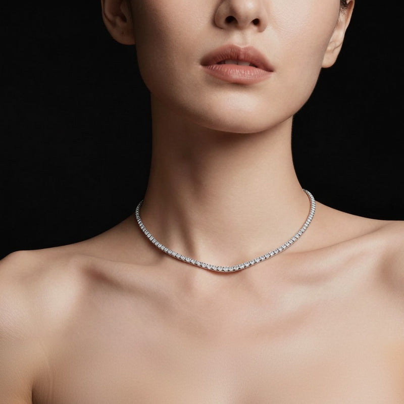 Model wearing round necklace