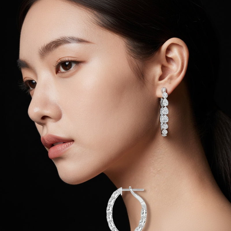 Model wearing pear inside out hoop earrings