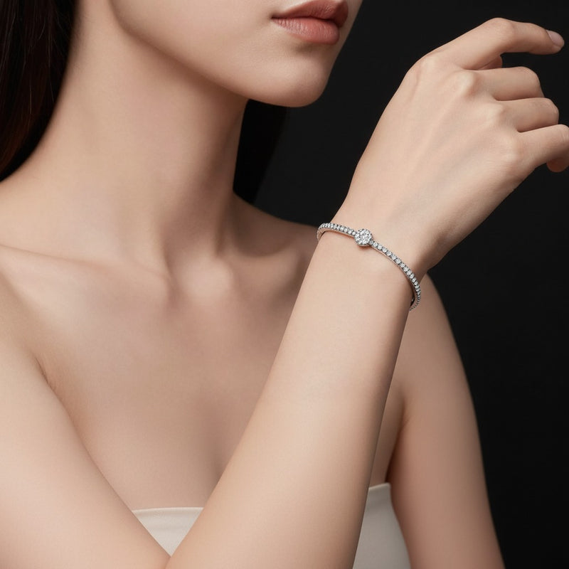 Model wearing oval bracelet