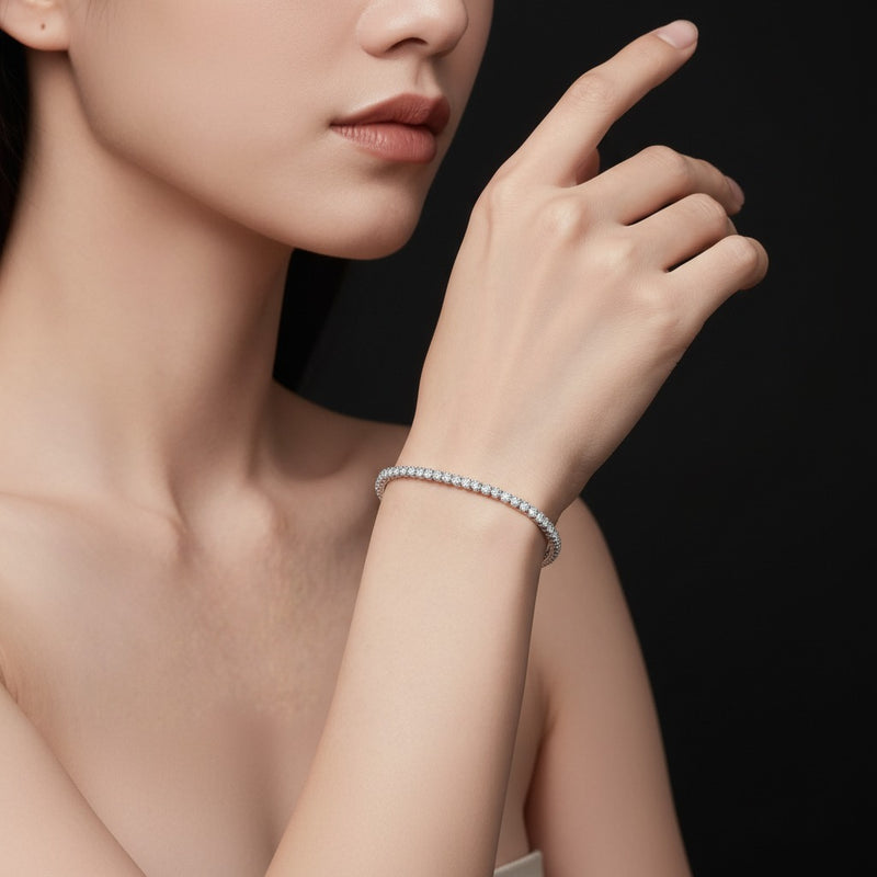 Model wearing round tennis bracelet