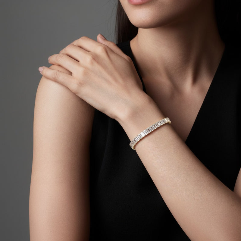 Model wearing emerald east west line bracelet