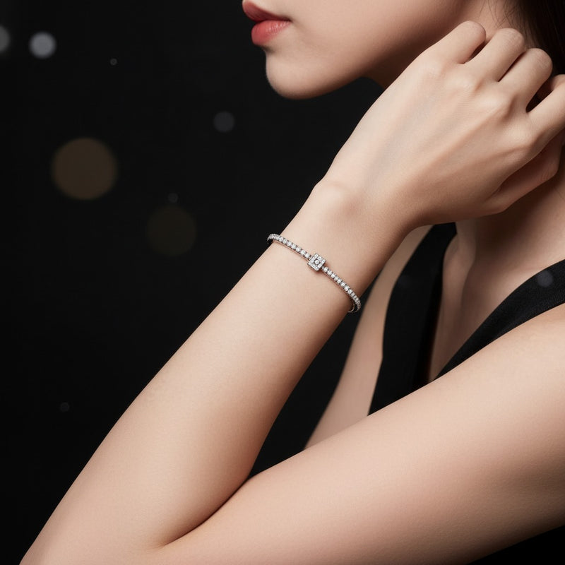 Model wearing round bracelet