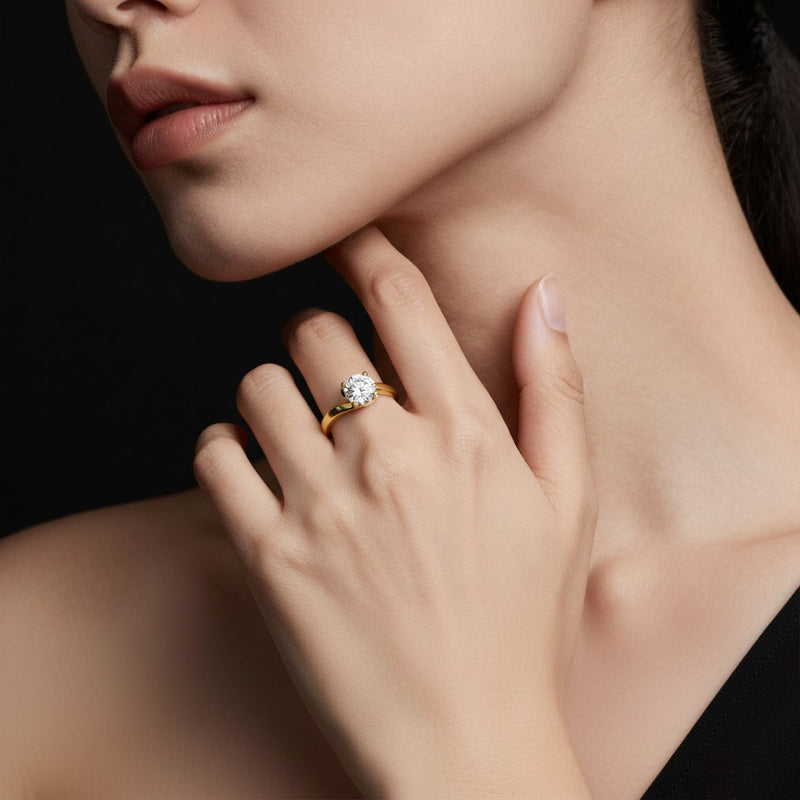 Model wearing round bypass shank engagement ring