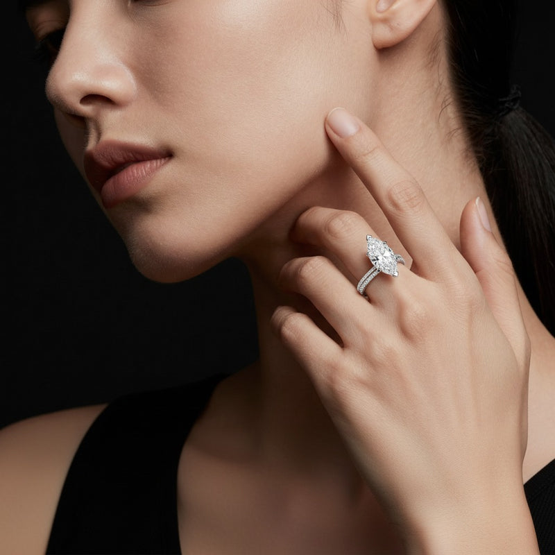 Model wearing marquise ring