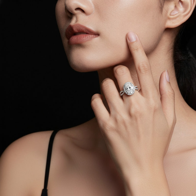 Model wearing oval split shank accented ring