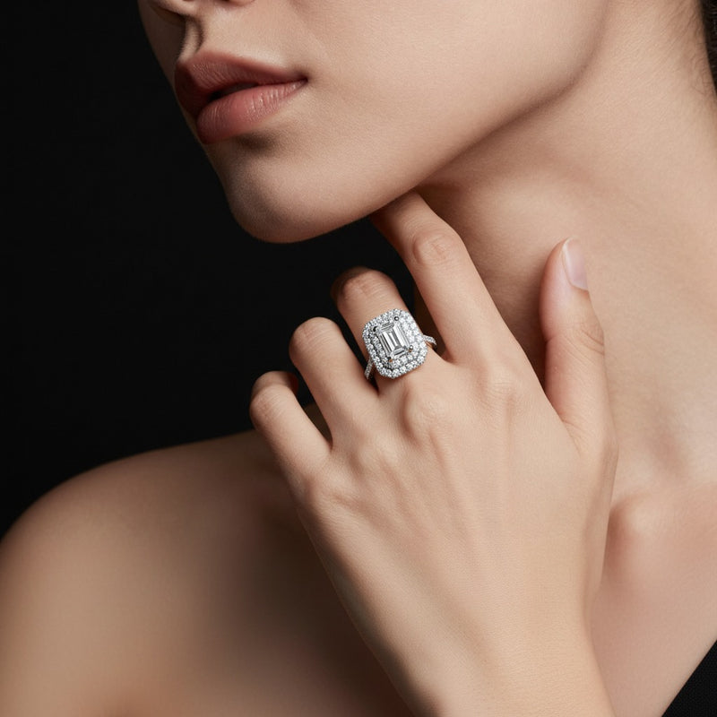 Model wearing radiant double halo engagement ring