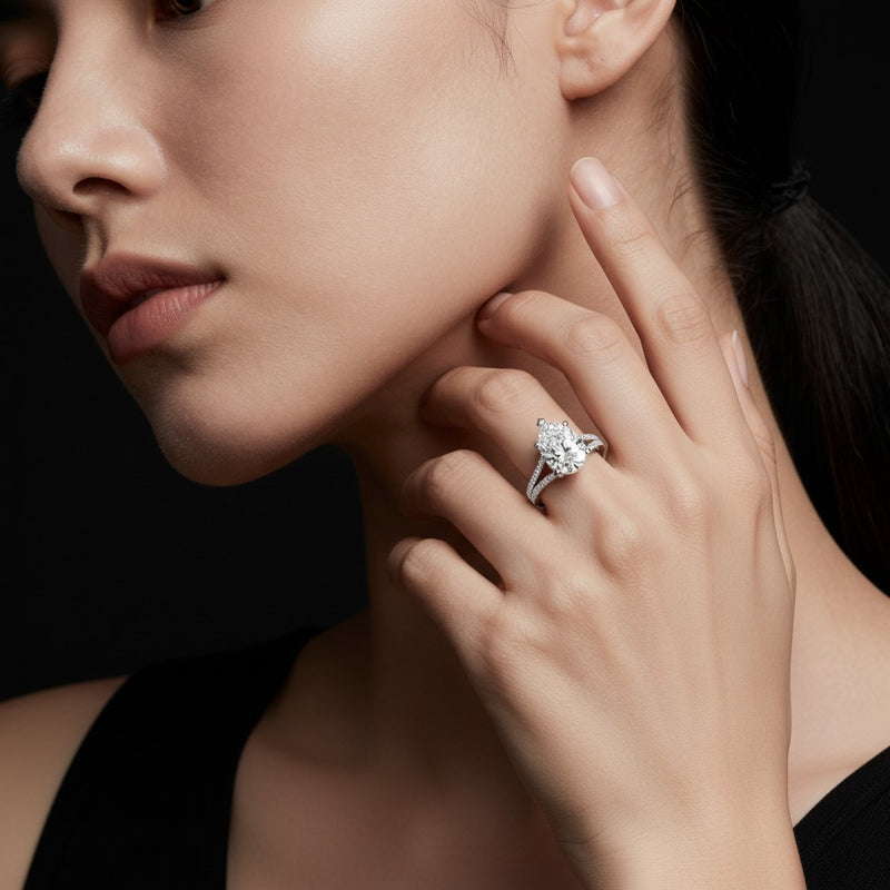 Model wearing pear ring