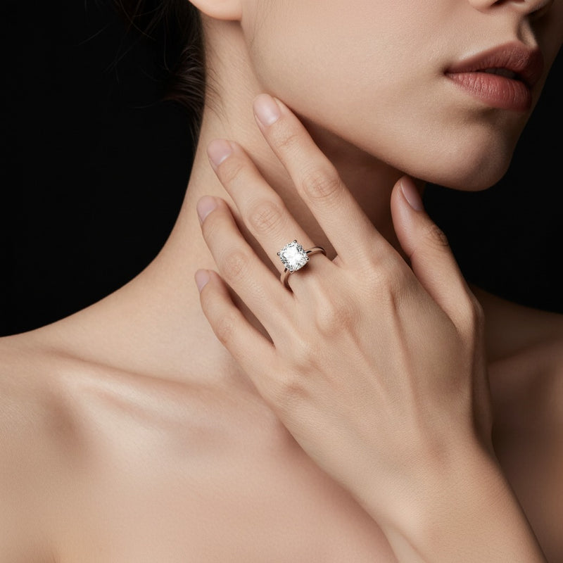 Model wearing cushion two tone twisted basket cathedral shank solitaire ring