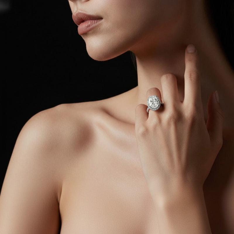 Model wearing oval bold statement accented ring