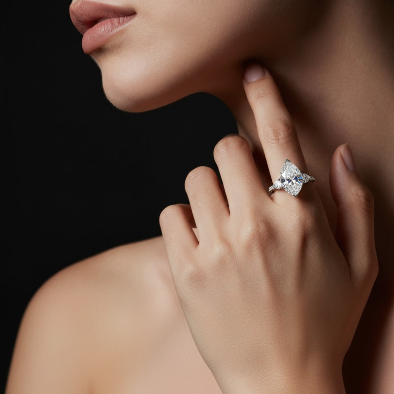 Model wearing pear bold statement accented ring