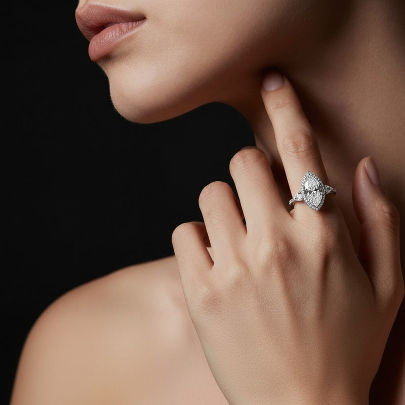 Model wearing marquise bold statement accented ring