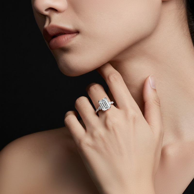 Model wearing emerald bold statement accented ring