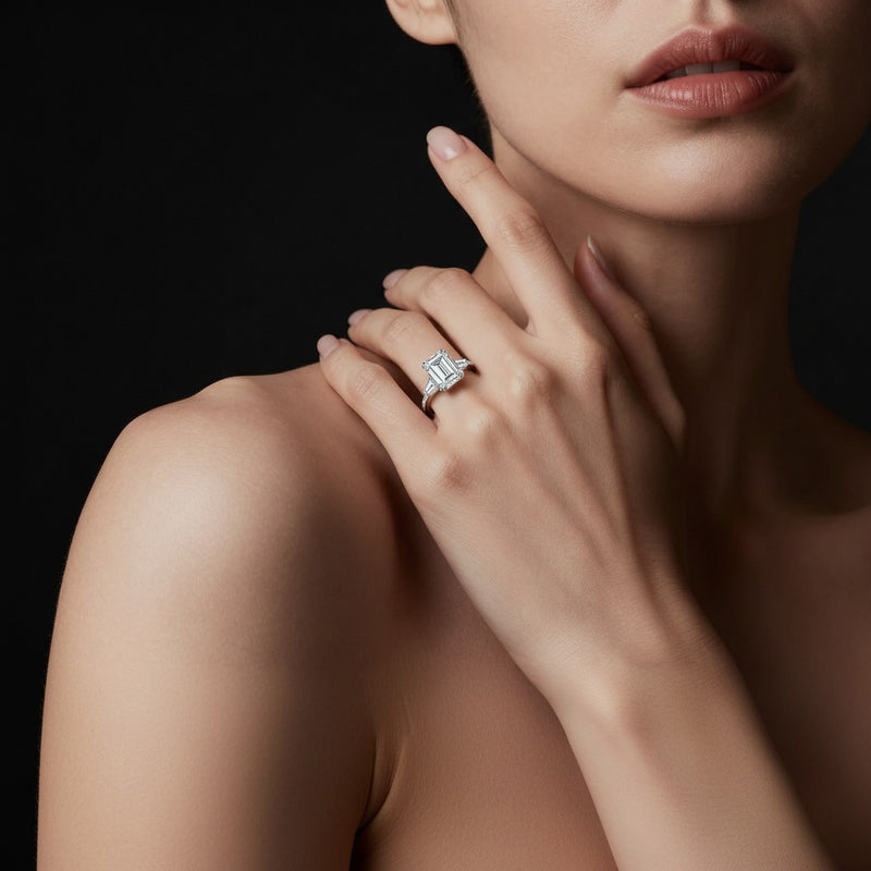 Model wearing emerald bold statement accented ring