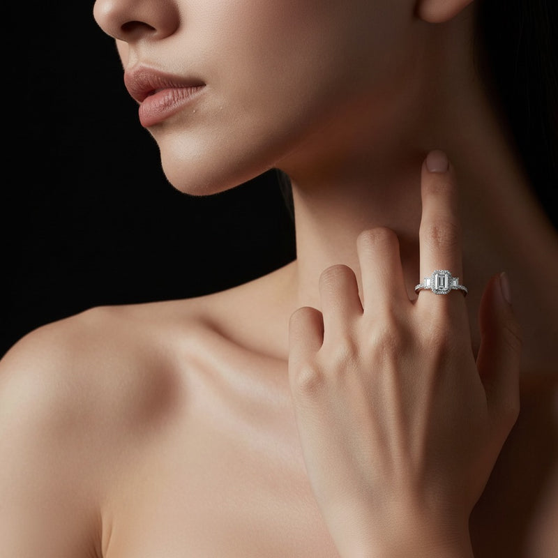 Model wearing emerald bold accented engagement ring