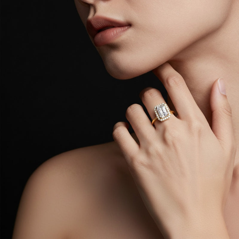 Model wearing radiant bold accented engagement ring