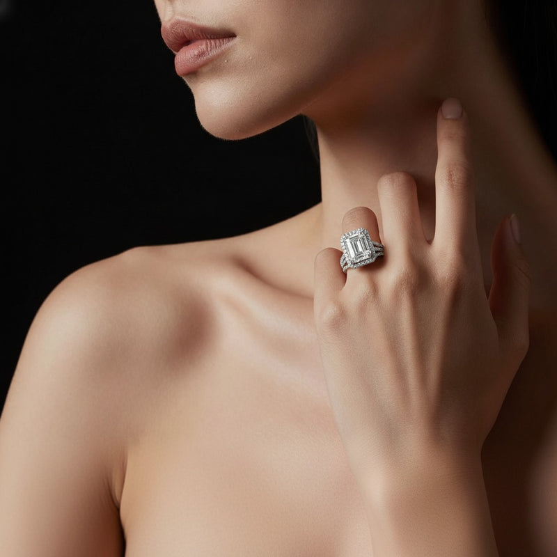 Model wearing emerald bold statement accented ring