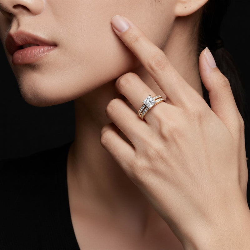 Model wearing princess channel set bridal engagement ring