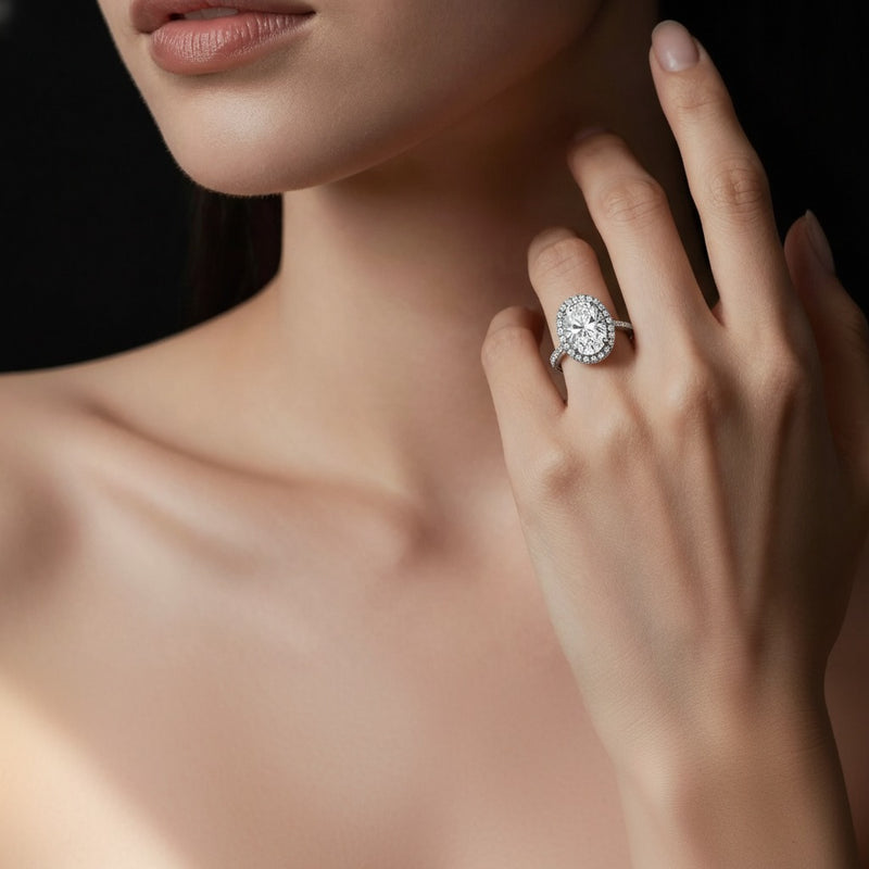 Model wearing oval halo accented engagement ring