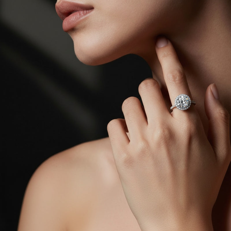 Model wearing round classic halo accented engagement ring