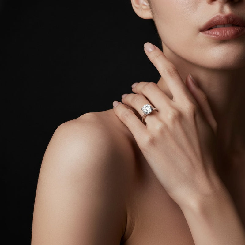 Model wearing round classic shank solitaire engagement ring