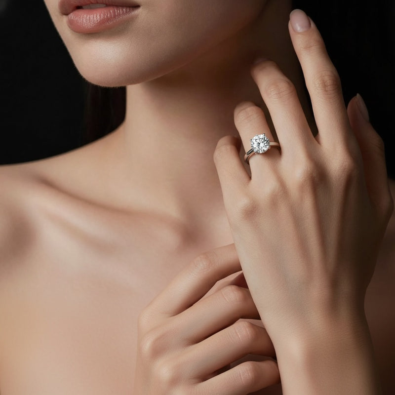 Model wearing round classic shank solitaire engagement ring
