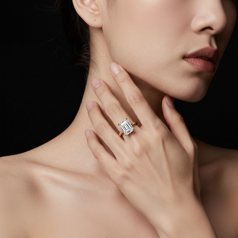 Model wearing radiant two tone cathedral shank engagement ring