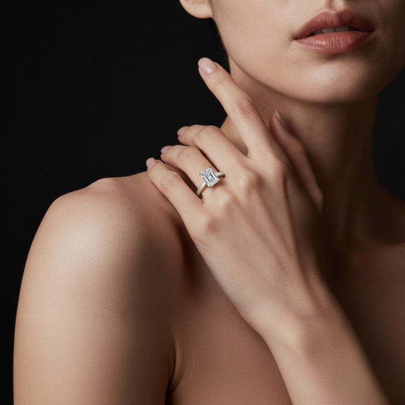 Model wearing radiant two tone cathedral shank engagement ring