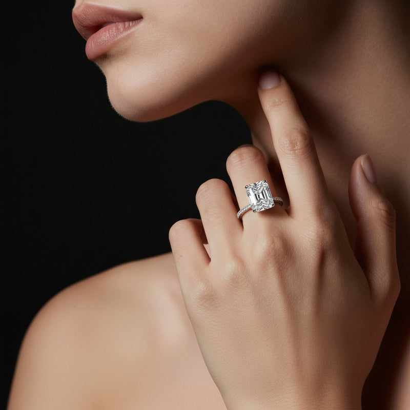 Model wearing cushion hidden halo accented ring