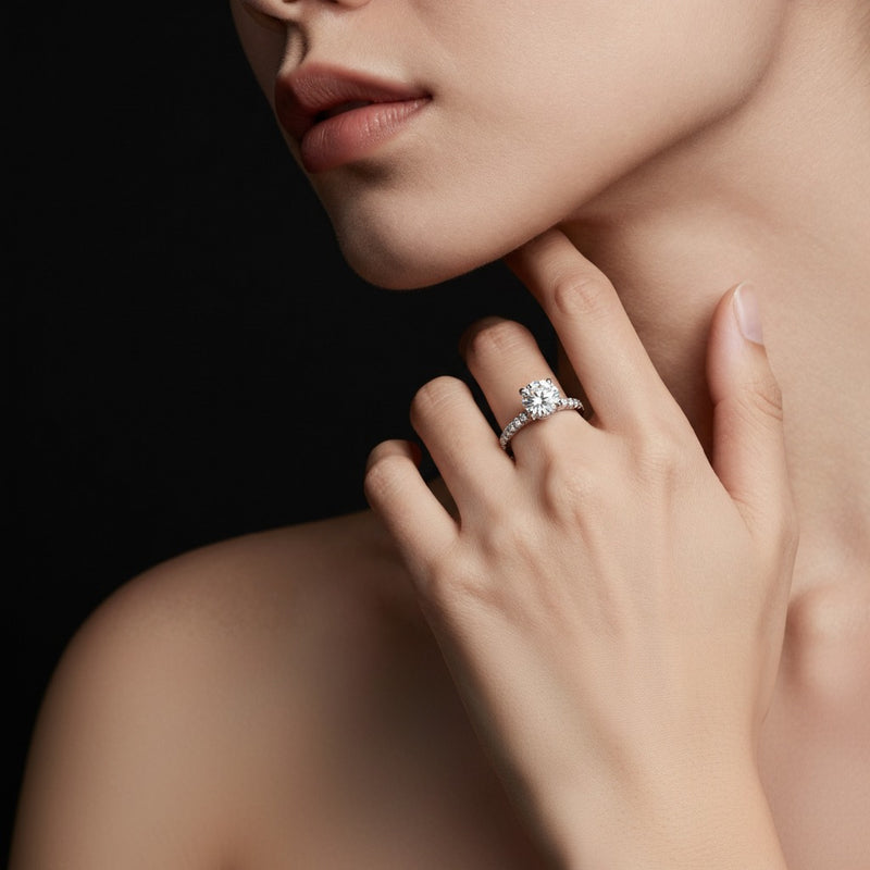 Model wearing round hidden halo accented ring