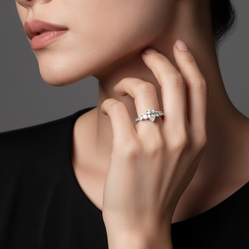 Model wearing pear fancy contour ring