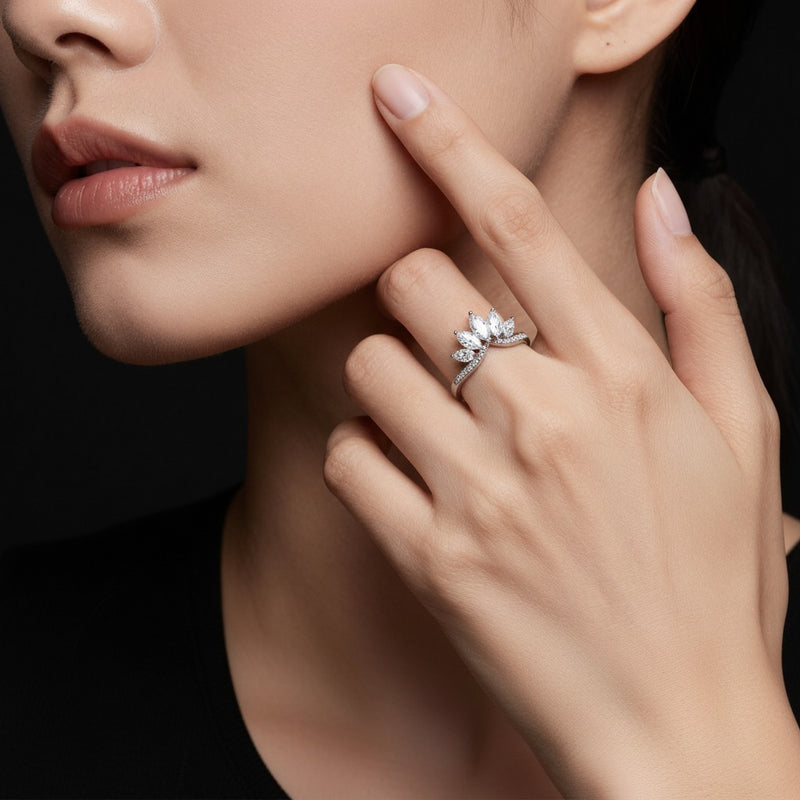 Model wearing marquise fancy contour ring