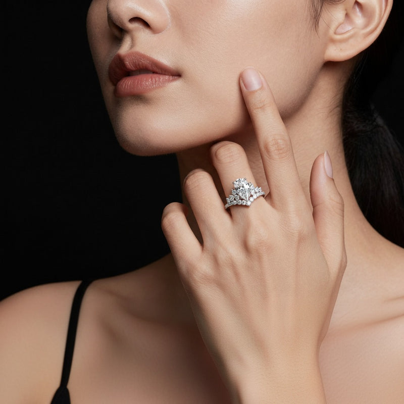 Model wearing pear fancy contour ring