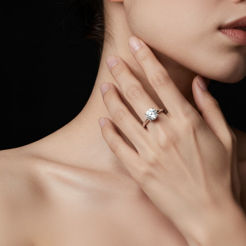 Model wearing round insert jacket ring