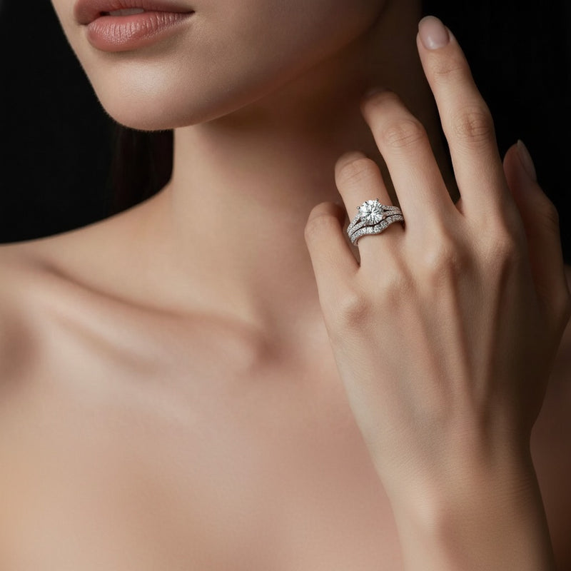 Model wearing round insert jacket ring