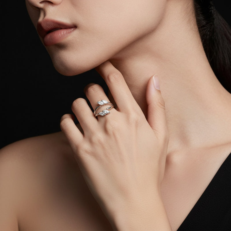 Model wearing marquise insert jacket ring