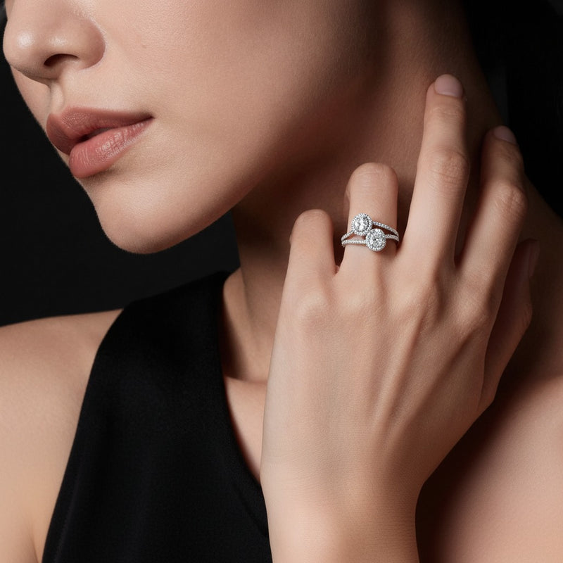 Model wearing oval accented toi et moi fashiion ring