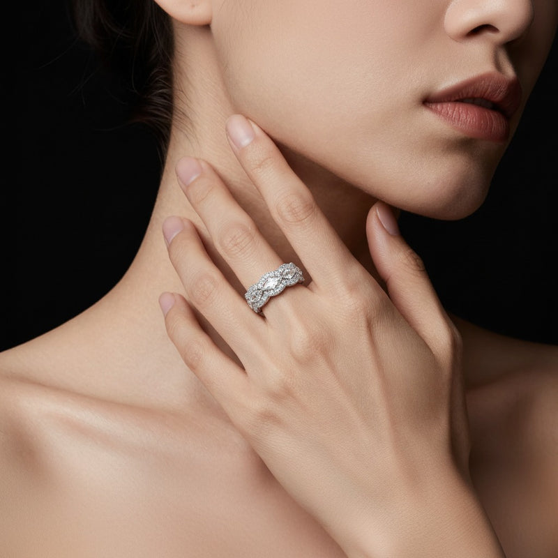 Model wearing marquise eternity band ring