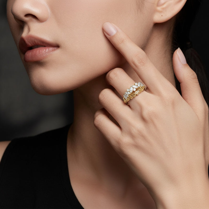 Model wearing marquise eternity band ring