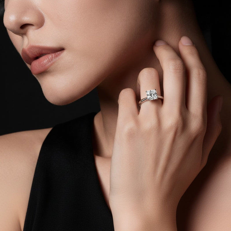 Model wearing round classic solitaire engagement ring