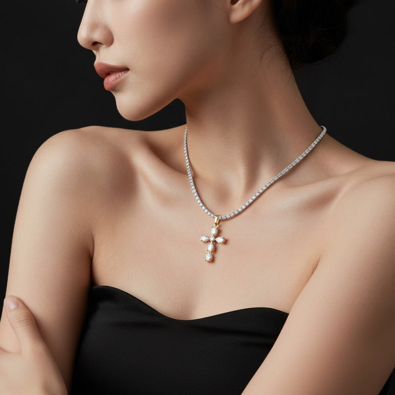 Model wearing pear cross pendant