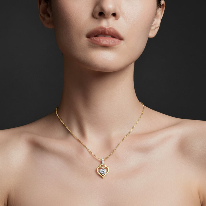 Model wearing heart pendant