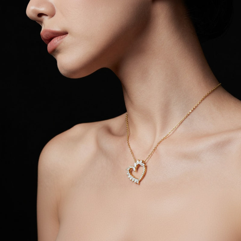 Model wearing heart pendant