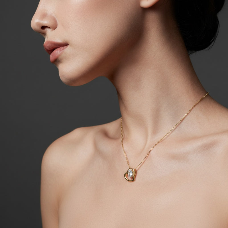 Model wearing heart pendant