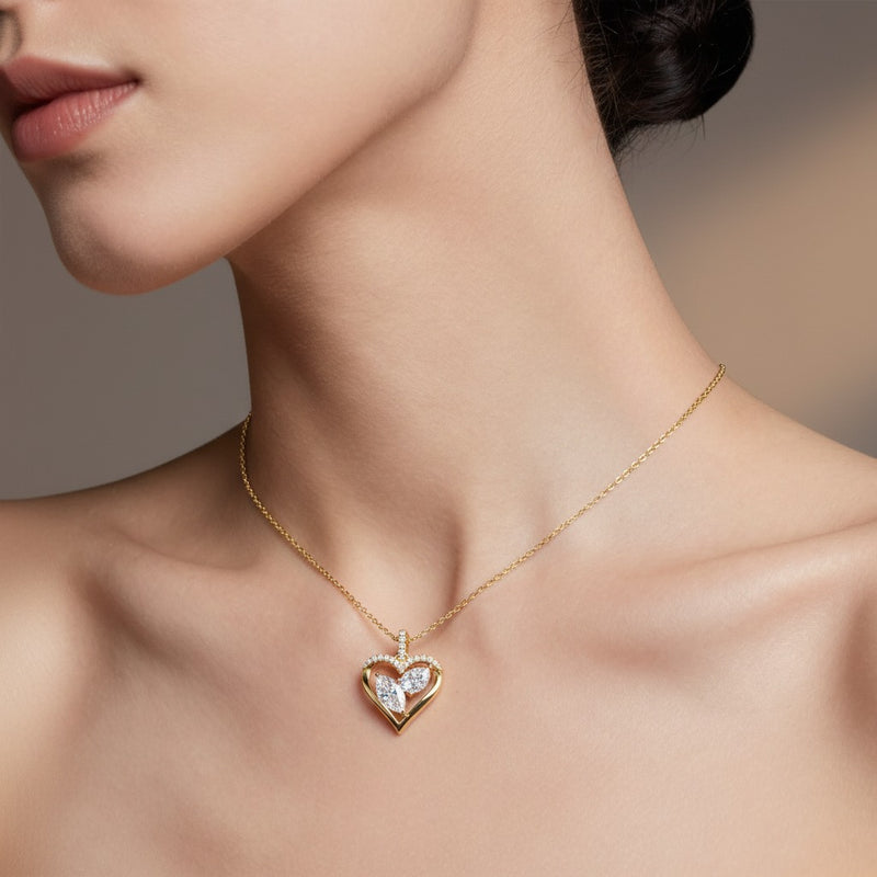 Model wearing heart pendant