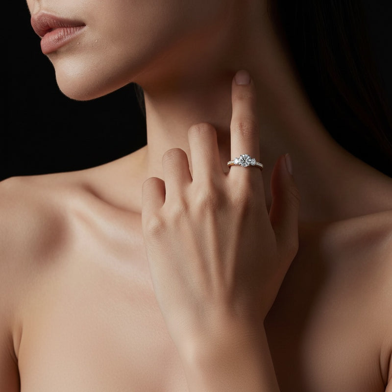 Model wearing round accented three stone ring