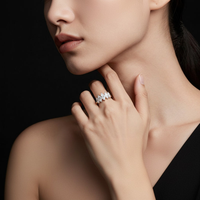 Model wearing marquise five stone ring