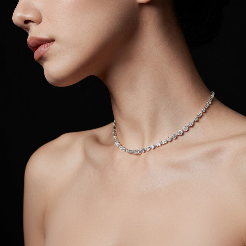 Model wearing pear necklace