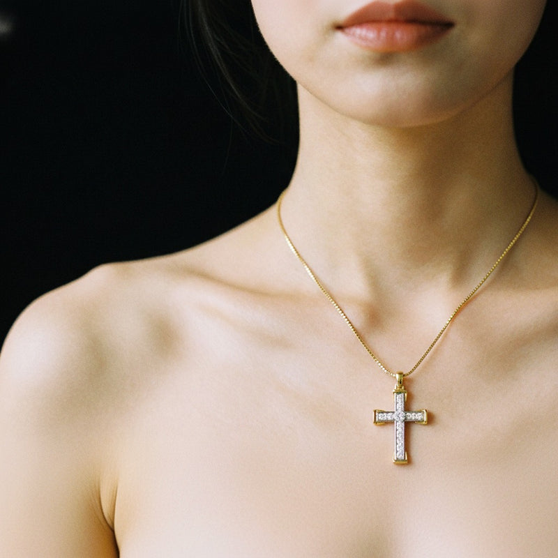Model wearing round cross pendant