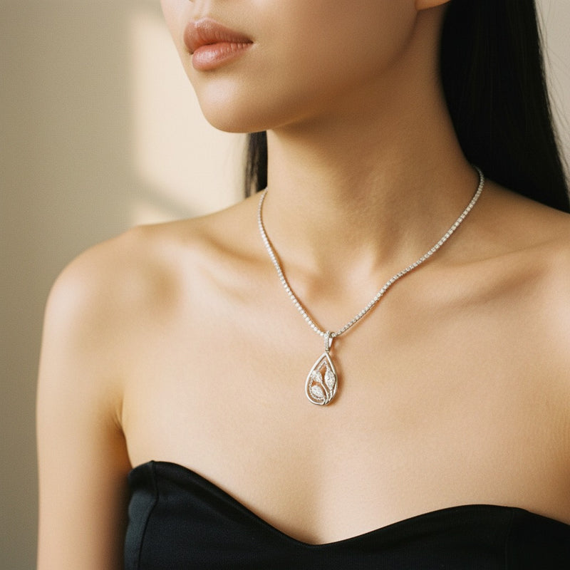 Model wearing marquise pendant